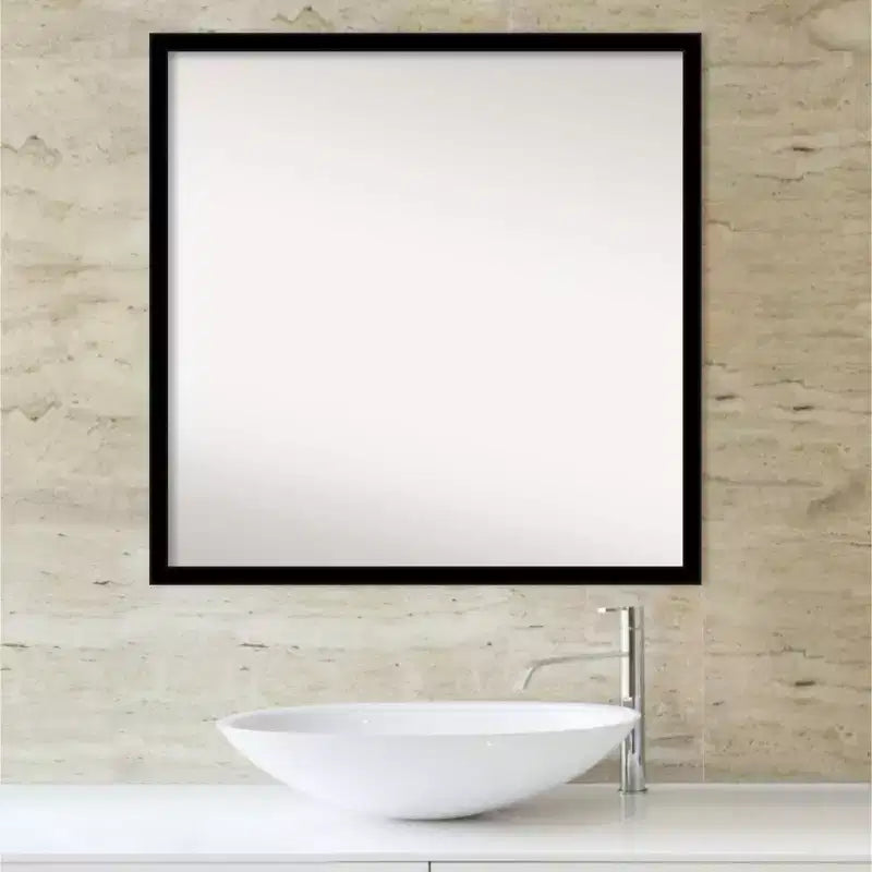 Beveled Bathroom Wall Mirror Jet Black  : Modern Square Polystyrene Frame, Includes Mounting