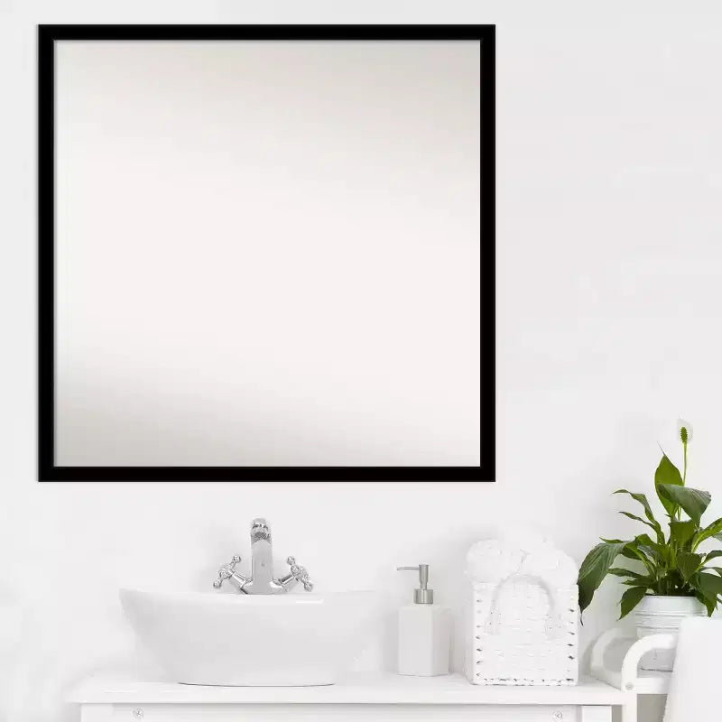 Beveled Bathroom Wall Mirror Jet Black  : Modern Square Polystyrene Frame, Includes Mounting