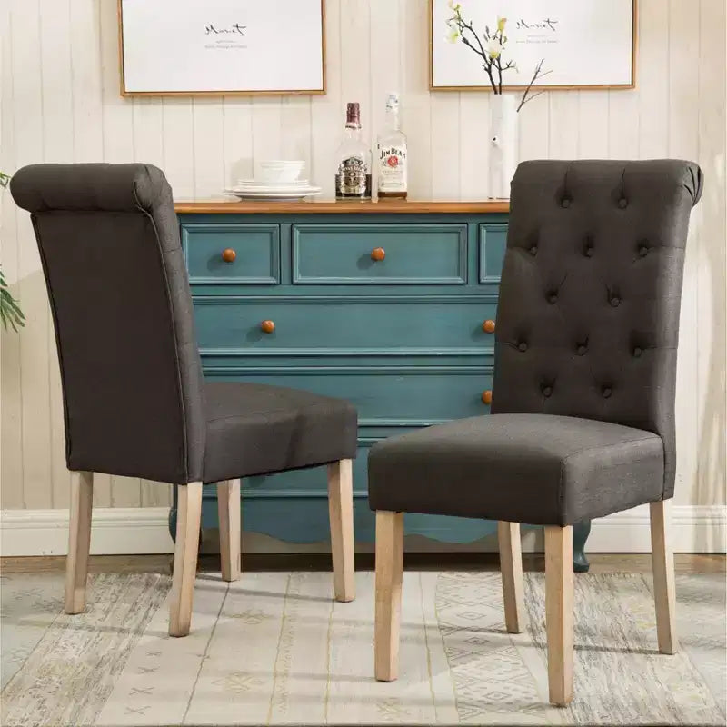 Silla de comedor tapizada con capitoné y estructura de madera maciza, color carbón, juego de 2