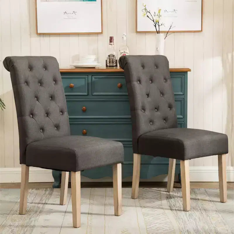 Silla de comedor tapizada con capitoné y estructura de madera maciza, color carbón, juego de 2