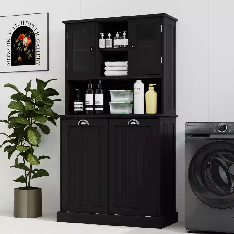 32.68 in. W. x 14.57 in. D x 59.69 in. H Black Freestanding Tilt-Out Linen Cabinet with Adjustable Shelves