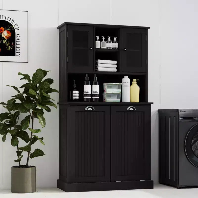 32.68 in. W. x 14.57 in. D x 59.69 in. H Black Freestanding Tilt-Out Linen Cabinet with Adjustable Shelves
