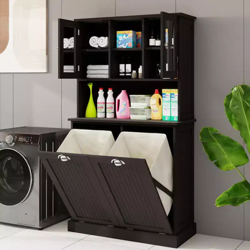 32.68 in. W. x 14.57 in. D x 59.69 in. H Black Freestanding Tilt-Out Linen Cabinet with Adjustable Shelves