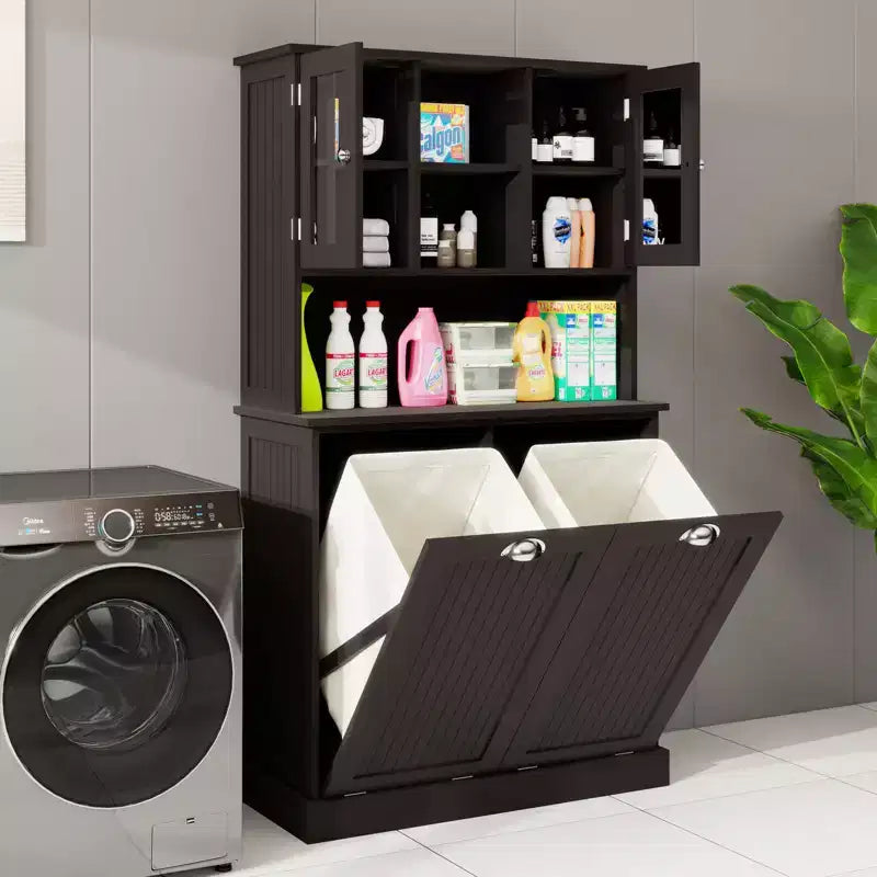 32.68 in. W. x 14.57 in. D x 59.69 in. H Black Freestanding Tilt-Out Linen Cabinet with Adjustable Shelves