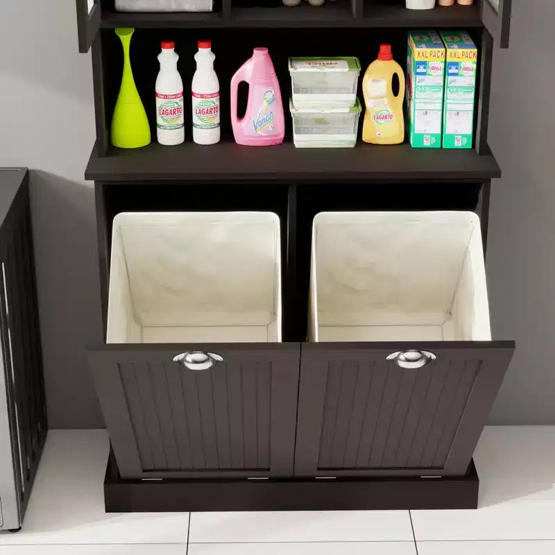 32.68 in. W. x 14.57 in. D x 59.69 in. H Black Freestanding Tilt-Out Linen Cabinet with Adjustable Shelves