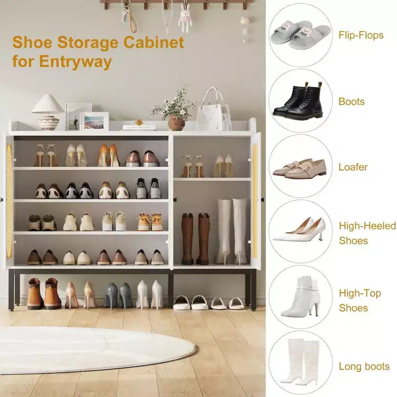 Zapatero con 3 puertas de ratán, organizador de almacenamiento independiente para zapatos de 7 niveles con estantes ajustables para recibidor, pasillo y sala de estar