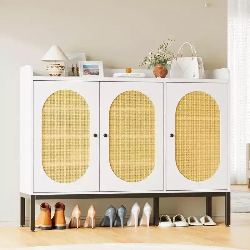Zapatero con 3 puertas de ratán, organizador de almacenamiento independiente para zapatos de 7 niveles con estantes ajustables para recibidor, pasillo y sala de estar