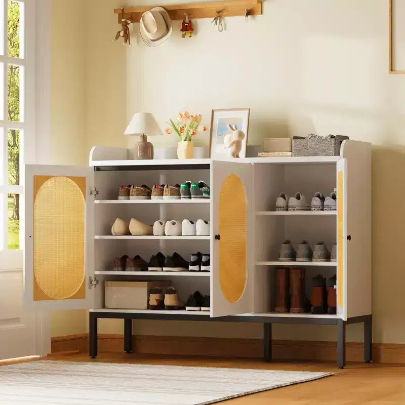 Zapatero con 3 puertas de ratán, organizador de almacenamiento independiente para zapatos de 7 niveles con estantes ajustables para recibidor, pasillo y sala de estar