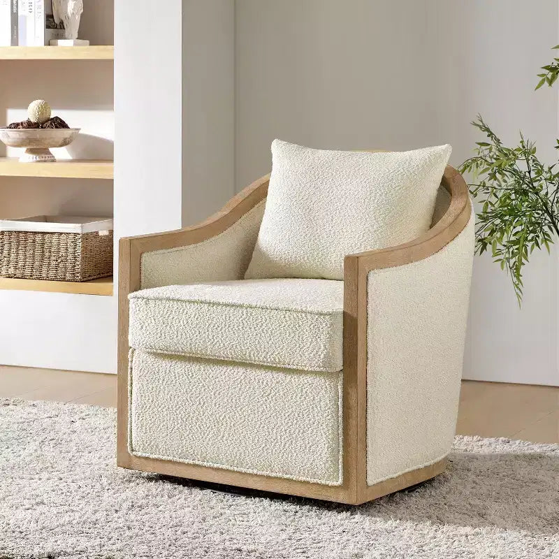 Farmhouse Rattan Solid Wood Armchair with Solid Wood Edging