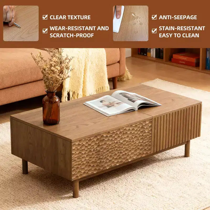 Modern Fluted Lift-Top Coffee Table with Hidden Storage & Artisan-Textured Drawers