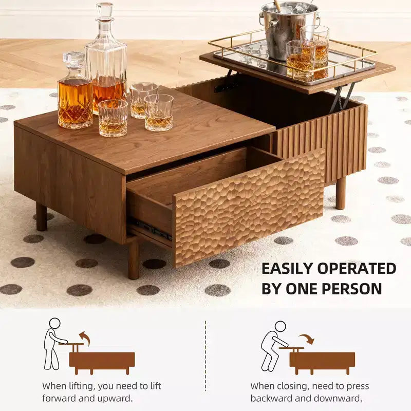 Modern Fluted Lift-Top Coffee Table with Hidden Storage & Artisan-Textured Drawers