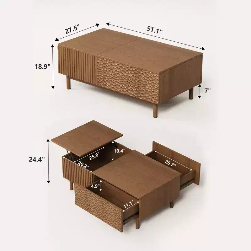Modern Fluted Lift-Top Coffee Table with Hidden Storage & Artisan-Textured Drawers