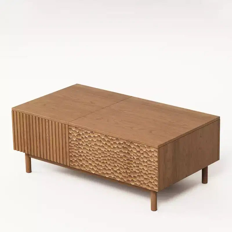 Modern Fluted Lift-Top Coffee Table with Hidden Storage & Artisan-Textured Drawers