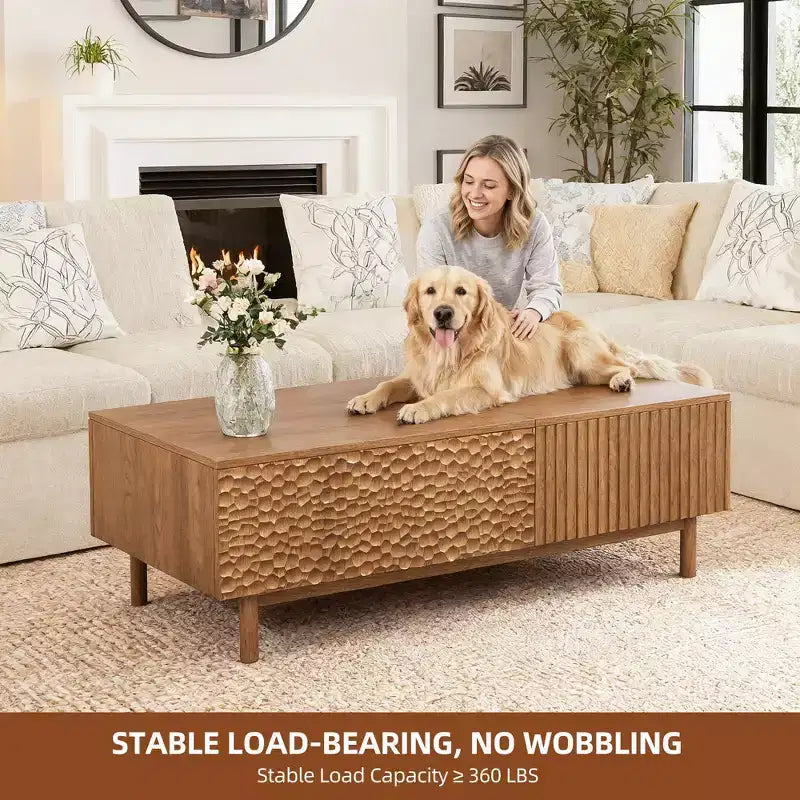 Modern Fluted Lift-Top Coffee Table with Hidden Storage & Artisan-Textured Drawers