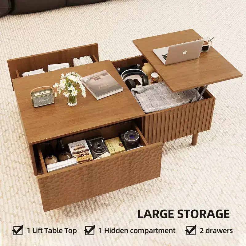 Modern Fluted Lift-Top Coffee Table with Hidden Storage & Artisan-Textured Drawers