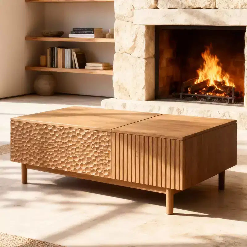 Modern Fluted Lift-Top Coffee Table with Hidden Storage & Artisan-Textured Drawers