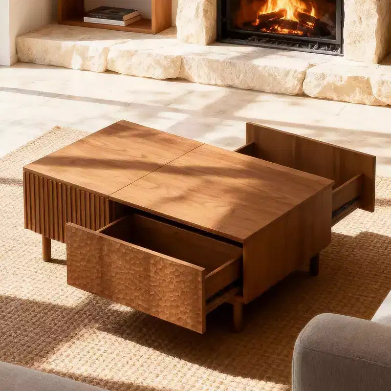 Modern Fluted Lift-Top Coffee Table with Hidden Storage & Artisan-Textured Drawers