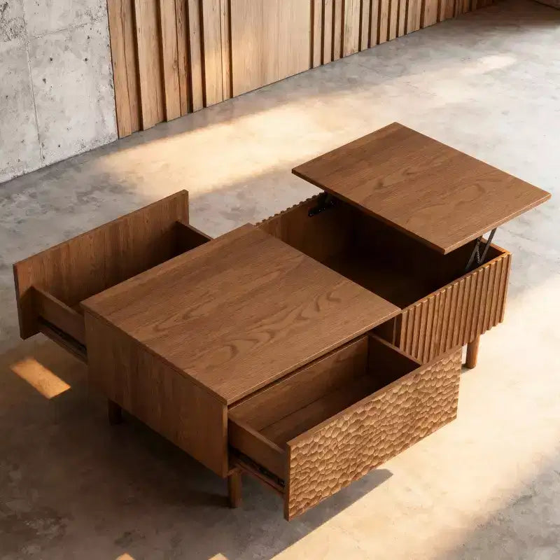 Modern Fluted Lift-Top Coffee Table with Hidden Storage & Artisan-Textured Drawers