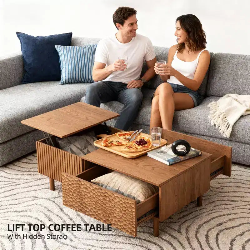 Modern Fluted Lift-Top Coffee Table with Hidden Storage & Artisan-Textured Drawers