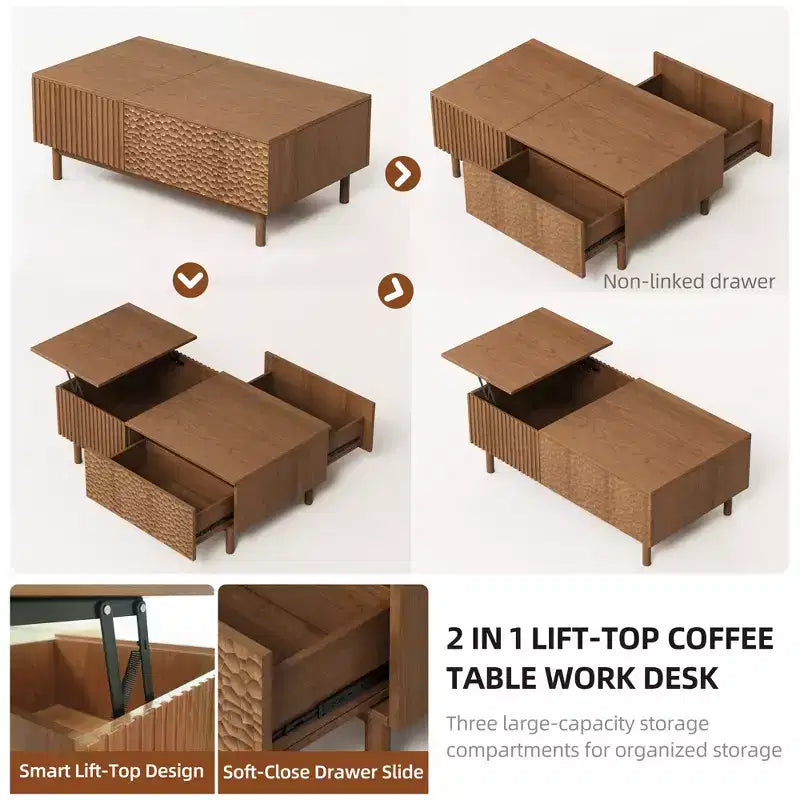 Modern Fluted Lift-Top Coffee Table with Hidden Storage & Artisan-Textured Drawers