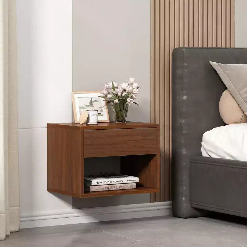 Nightstands Set of 2, Night Stand with Drawer, Floating Nightstand with Open Storage Shelf, Wall Mounted Wood Bedside Tables, Brown Walnut
