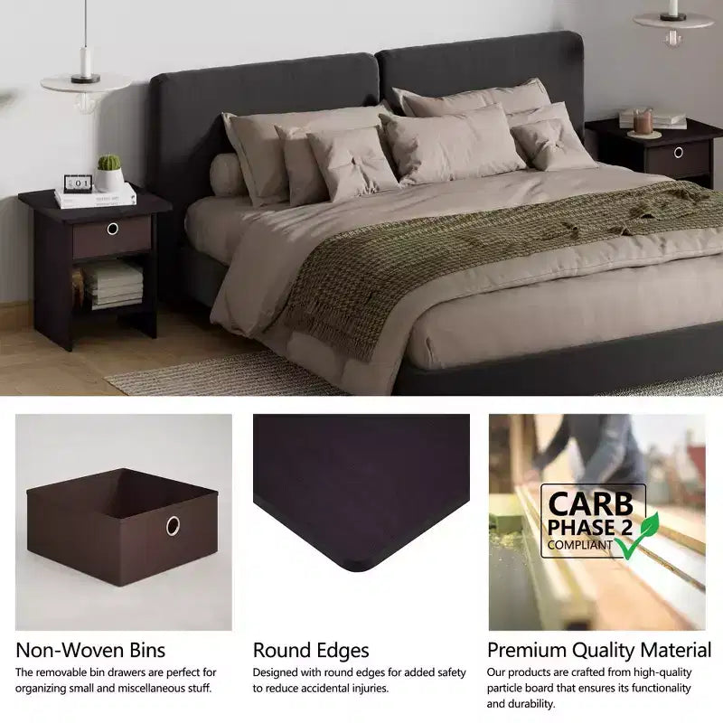 2PCS Nightstand Sofa End Table Bedside Table with Bin Drawer & Open Shelf