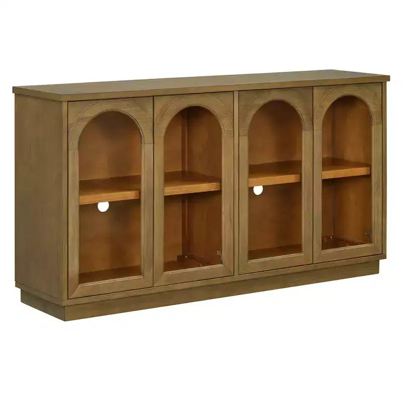 4-Door Sideboard Cabinet with Glass Doors, Large Storage Sideboard with Adjustable Shelves for Kitchen and Dining Room, Old Pine