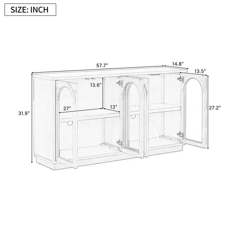 4-Door Sideboard Cabinet with Glass Doors, Large Storage Sideboard with Adjustable Shelves for Kitchen and Dining Room, Old Pine