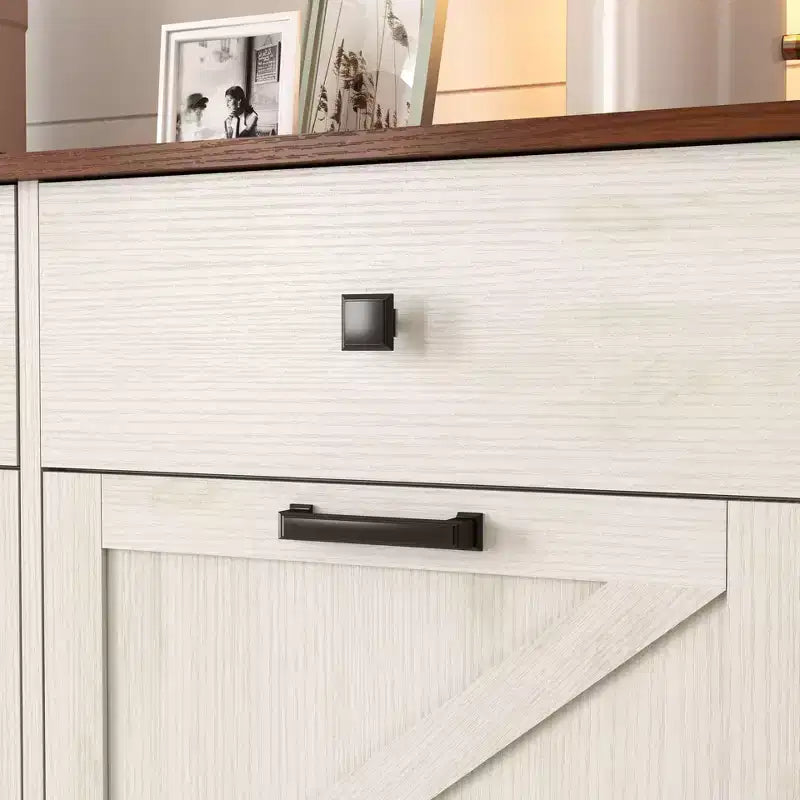 Farmhouse Double Storage Cabinet with 4 Drawers, Free Standing Cabinet, Barn Door Style Laundry Sorter Cabinet for Kitchen
