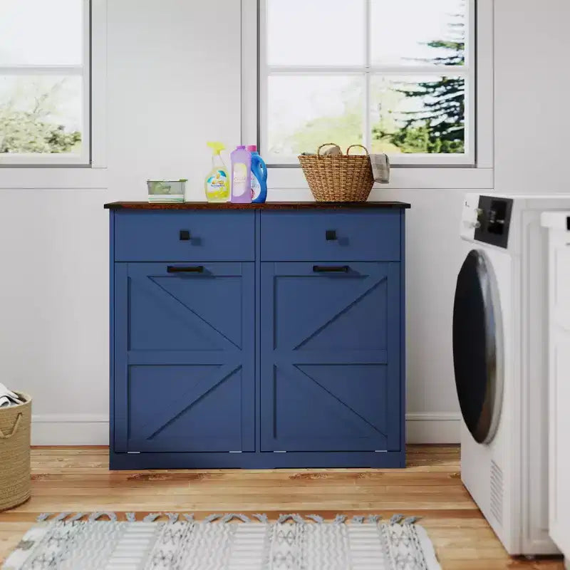 Farmhouse Double Storage Cabinet with 4 Drawers, Free Standing Cabinet, Barn Door Style Laundry Sorter Cabinet for Kitchen