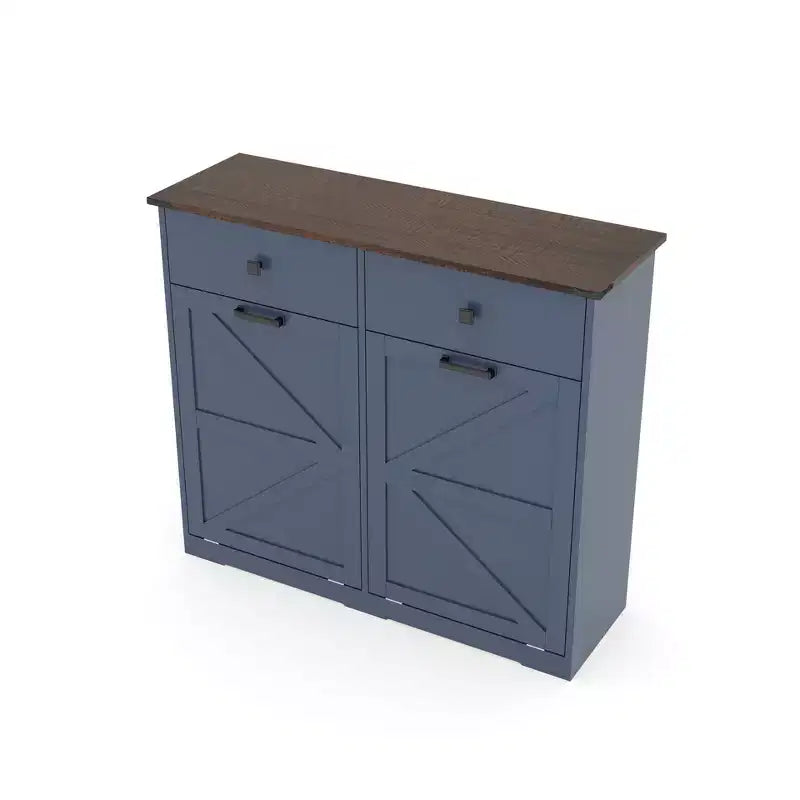 Farmhouse Double Storage Cabinet with 4 Drawers, Free Standing Cabinet, Barn Door Style Laundry Sorter Cabinet for Kitchen