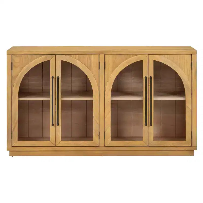 4-Door Sideboard Buffet Cabinet with Large Storage, Glass Doors and Adjustable Shelves for Dining and Living Room, Natural Wood