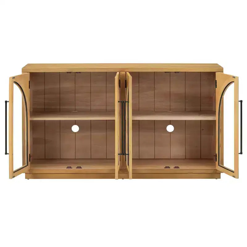 4-Door Sideboard Buffet Cabinet with Large Storage, Glass Doors and Adjustable Shelves for Dining and Living Room, Natural Wood