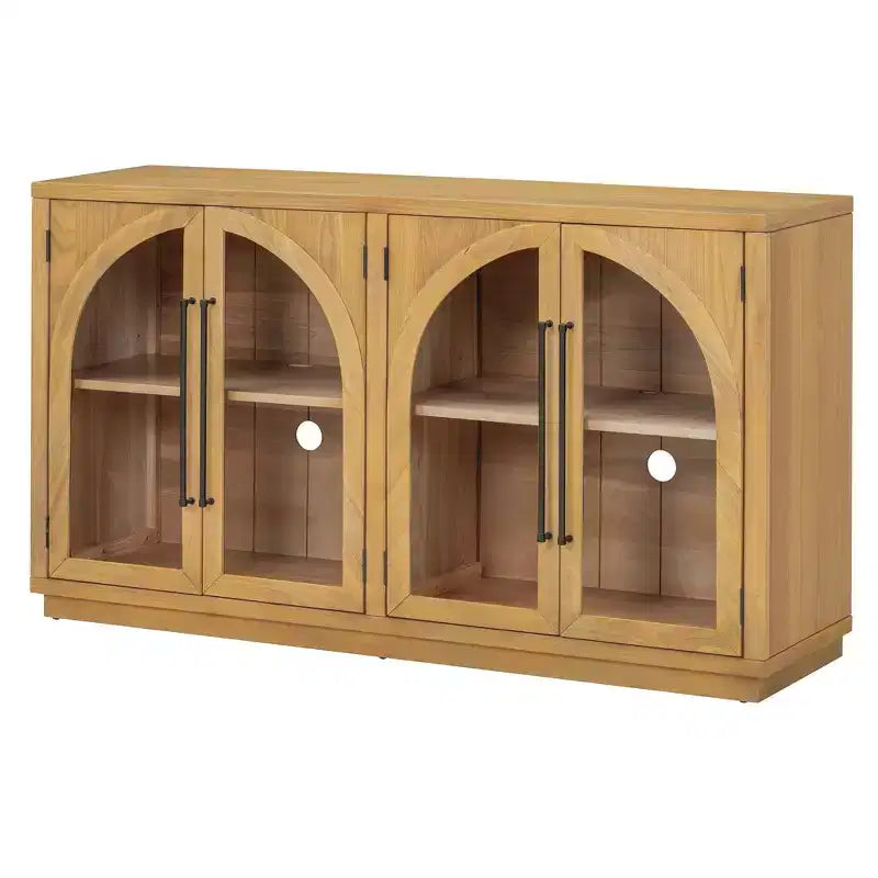 4-Door Sideboard Buffet Cabinet with Large Storage, Glass Doors and Adjustable Shelves for Dining and Living Room, Natural Wood