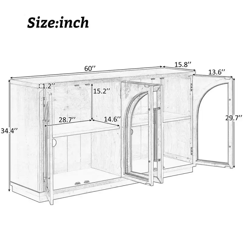 4-Door Sideboard Buffet Cabinet with Large Storage, Glass Doors and Adjustable Shelves for Dining and Living Room, Natural Wood