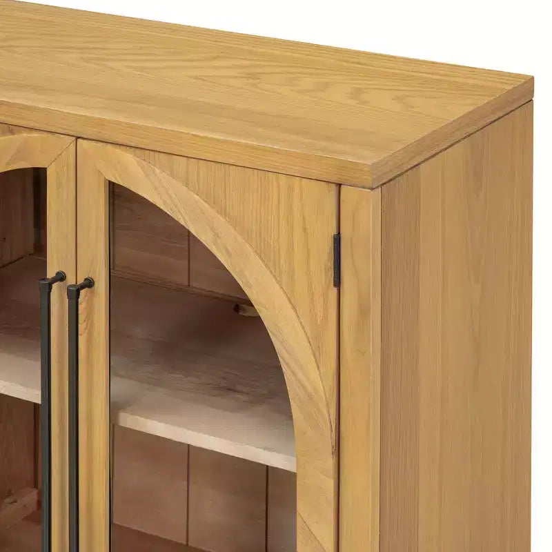 4-Door Sideboard Buffet Cabinet with Large Storage, Glass Doors and Adjustable Shelves for Dining and Living Room, Natural Wood