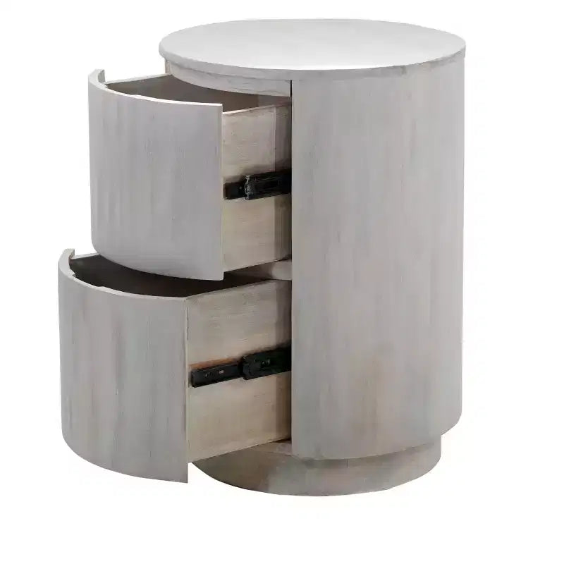 24 White Solid Wood Round Drum End Table With Two Drawers