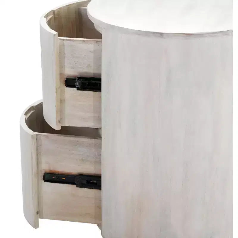 24 White Solid Wood Round Drum End Table With Two Drawers