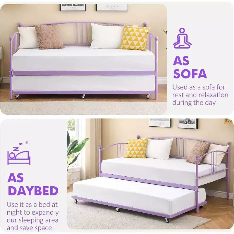 Cama de día de metal con cama nido, cabecero arqueado, estructura de sofá cama para sala de estar y habitación de invitados, tamaño individual