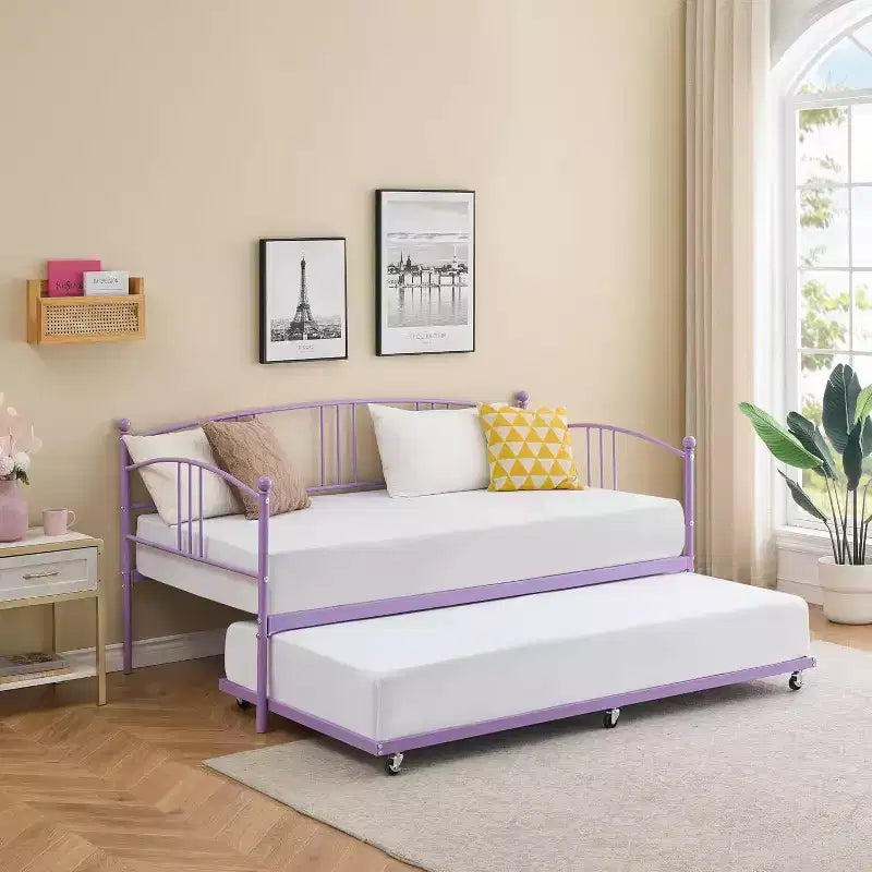 Cama de día de metal con cama nido, cabecero arqueado, estructura de sofá cama para sala de estar y habitación de invitados, tamaño individual