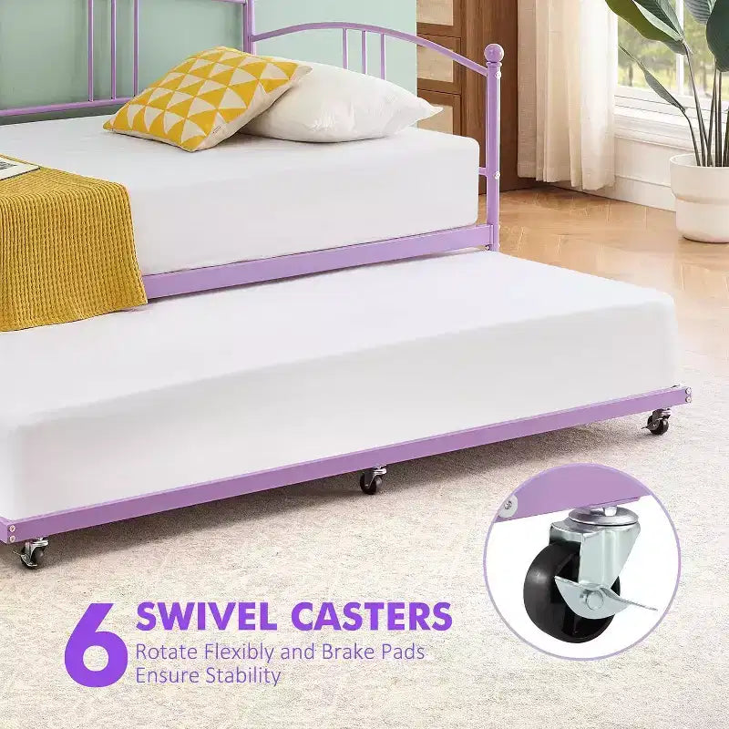 Cama de día de metal con cama nido, cabecero arqueado, estructura de sofá cama para sala de estar y habitación de invitados, tamaño individual