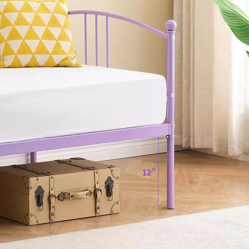 Cama de día de metal con cama nido, cabecero arqueado, estructura de sofá cama para sala de estar y habitación de invitados, tamaño individual