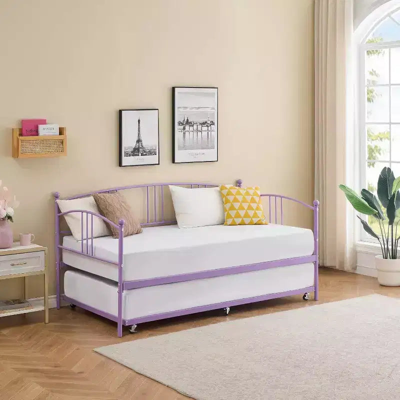 Cama de día de metal con cama nido, cabecero arqueado, estructura de sofá cama para sala de estar y habitación de invitados, tamaño individual