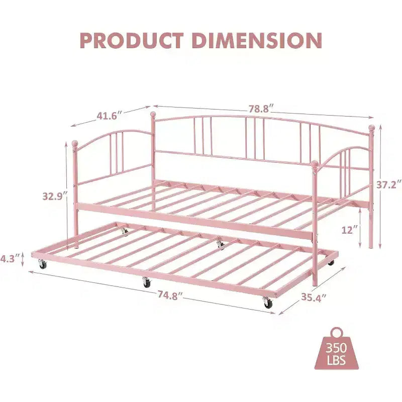 Cama de día de metal con cama nido, cabecero arqueado, estructura de sofá cama para sala de estar y habitación de invitados, tamaño individual