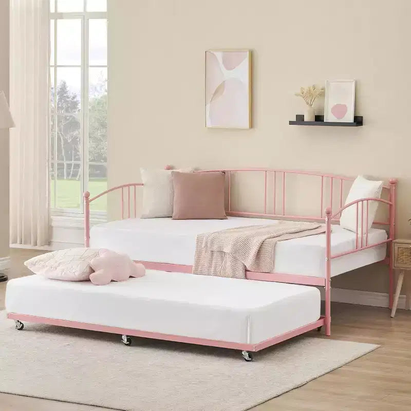 Cama de día de metal con cama nido, cabecero arqueado, estructura de sofá cama para sala de estar y habitación de invitados, tamaño individual
