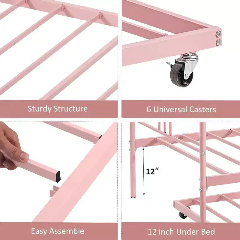 Cama de día de metal con cama nido, cabecero arqueado, estructura de sofá cama para sala de estar y habitación de invitados, tamaño individual