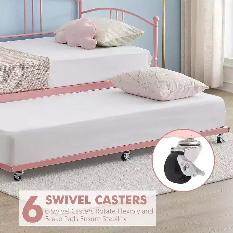 Cama de día de metal con cama nido, cabecero arqueado, estructura de sofá cama para sala de estar y habitación de invitados, tamaño individual