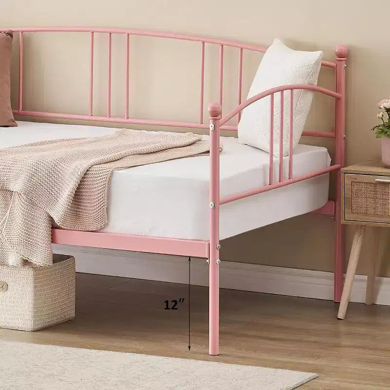 Cama de día de metal con cama nido, cabecero arqueado, estructura de sofá cama para sala de estar y habitación de invitados, tamaño individual