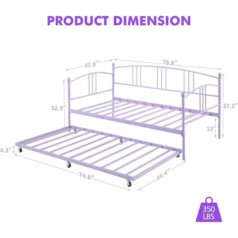 Cama de día de metal con cama nido, cabecero arqueado, estructura de sofá cama para sala de estar y habitación de invitados, tamaño individual