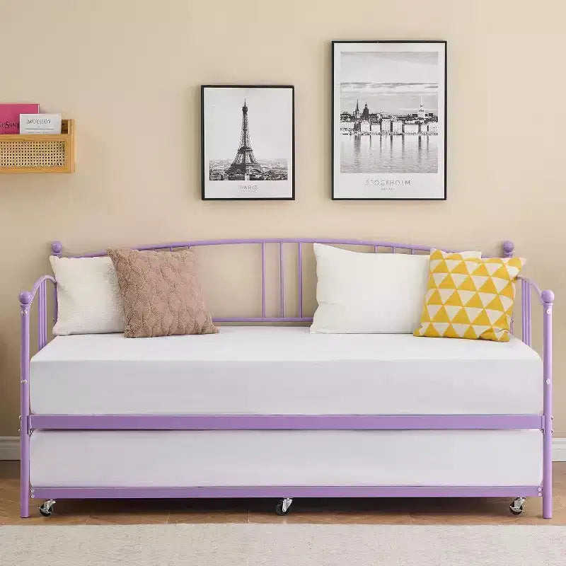 Cama de día de metal con cama nido, cabecero arqueado, estructura de sofá cama para sala de estar y habitación de invitados, tamaño individual